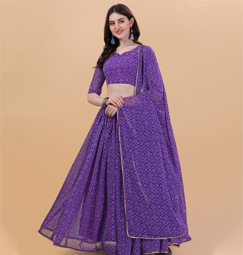 Purple & White Printed Semi-Stitched Lehenga & Unstitched Blouse With Dupatta